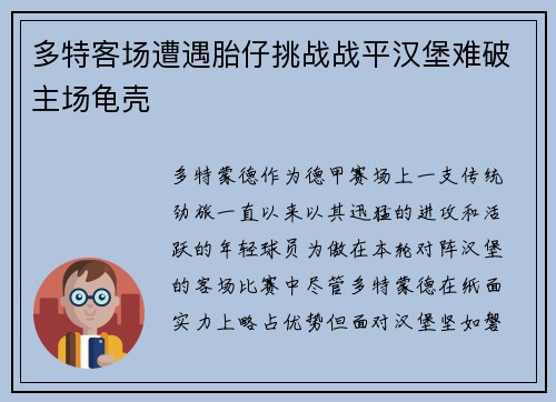 多特客场遭遇胎仔挑战战平汉堡难破主场龟壳