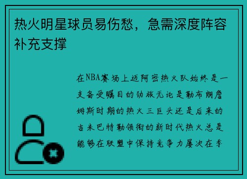 热火明星球员易伤愁，急需深度阵容补充支撑